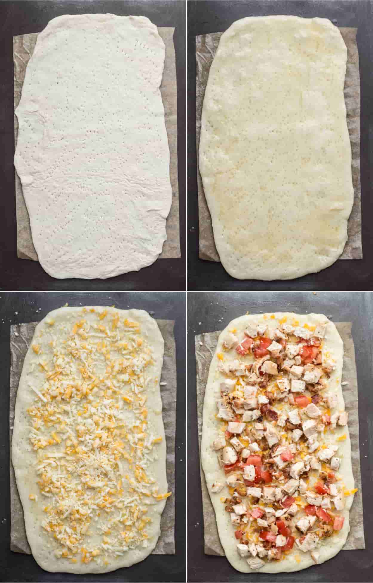How to make flatbread pizza with homemade dough, chicken, cheese, and bacon! 