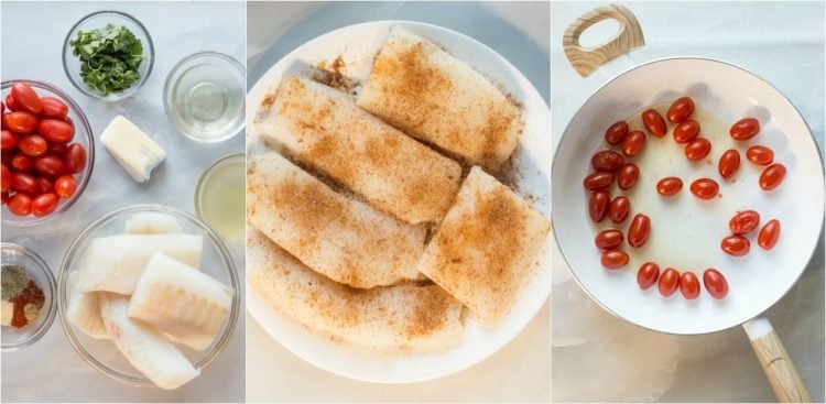 Recipe for how to cook cod fish! Seasoning the cod fish, making the wine sauce and tomatoes.