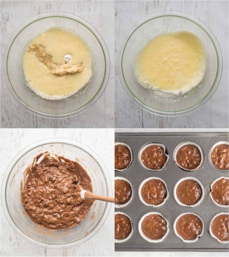 How to make chocolate banana muffins, how to make muffin batter and how to put into muffin molds.