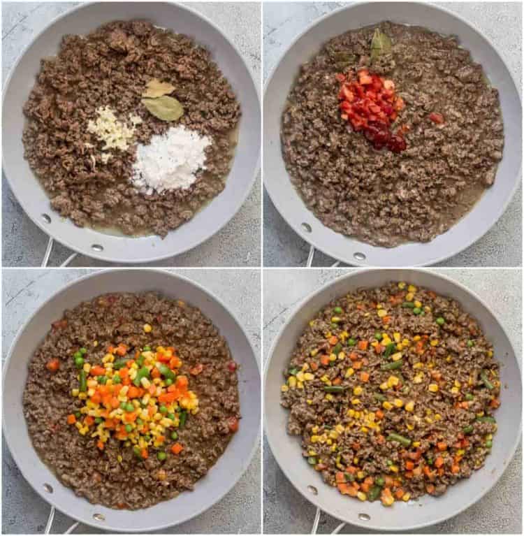 Step by step collage on how to make shepherd's pie recipe, how to cook the filling with beef and vegetables.