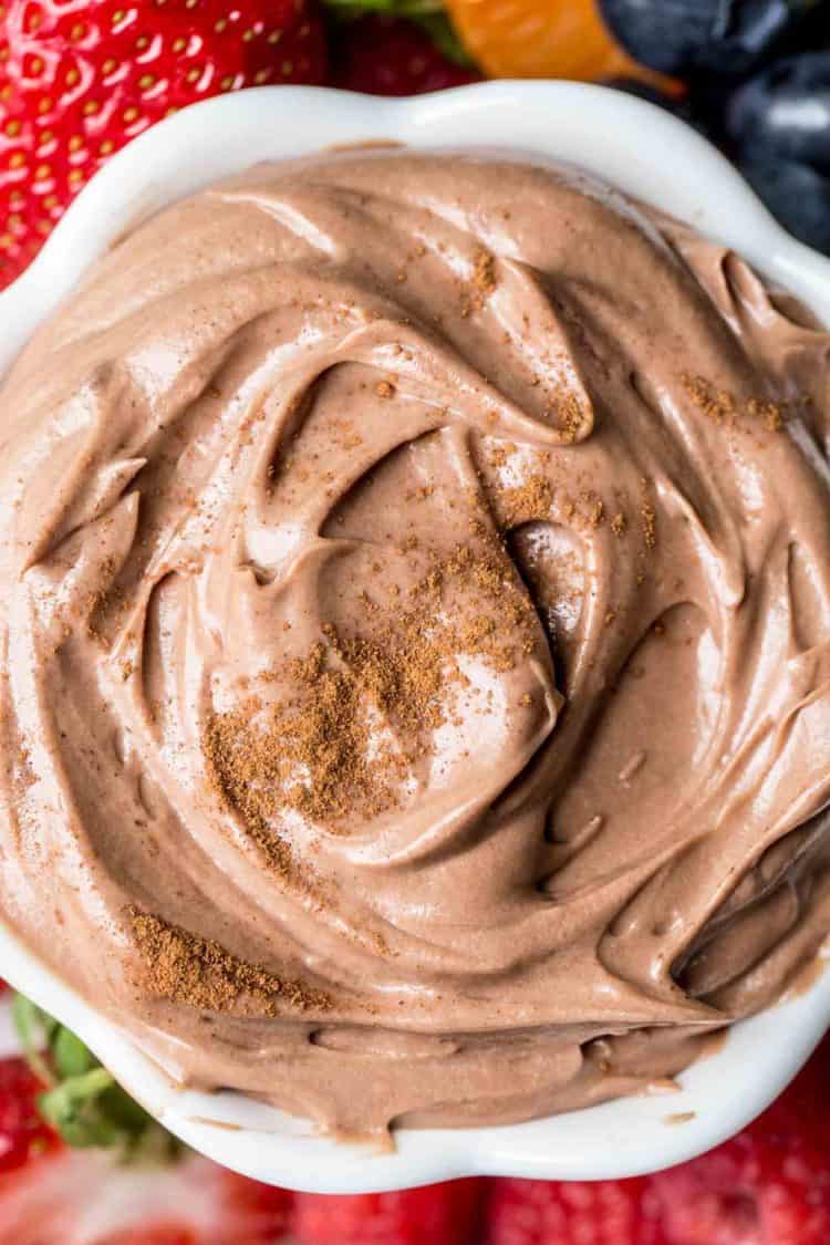 Up close image of chocolate dip in a bowl.