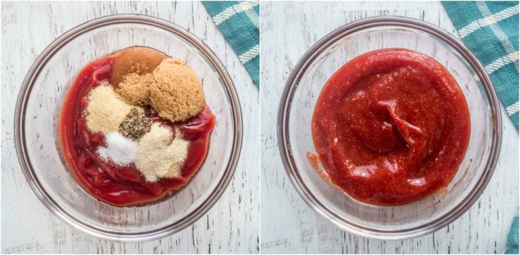 Collage for the best sauce that you put as a glaze over an easy meatloaf recipe. The sauce with ketchup, vinegar, sugar, powder onion and garlic and salt and pepper. 