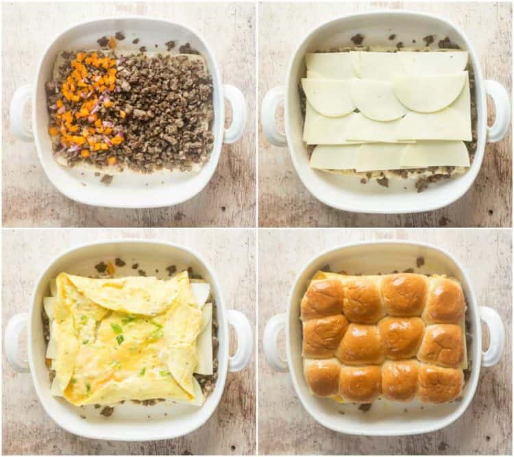 Step by step collage of how to make homemade breakfast sliders recipe.