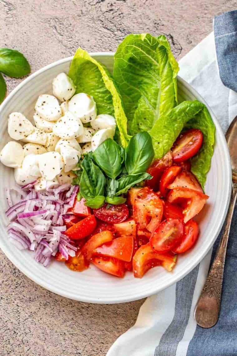 A bowl of tomatoes, red onion, basil and mozzarella cheese.