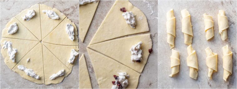 Step by step collage of how to make homemade rugelach cookies.