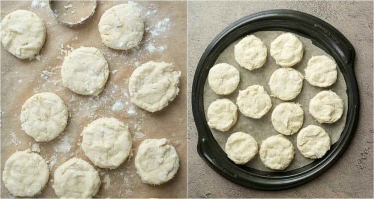 Step by step collage on how to shape biscuits with a mold.