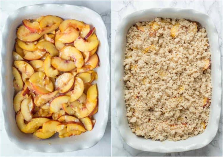 Collage of how to make an easy peach cobbler recipe in a casserole dish.