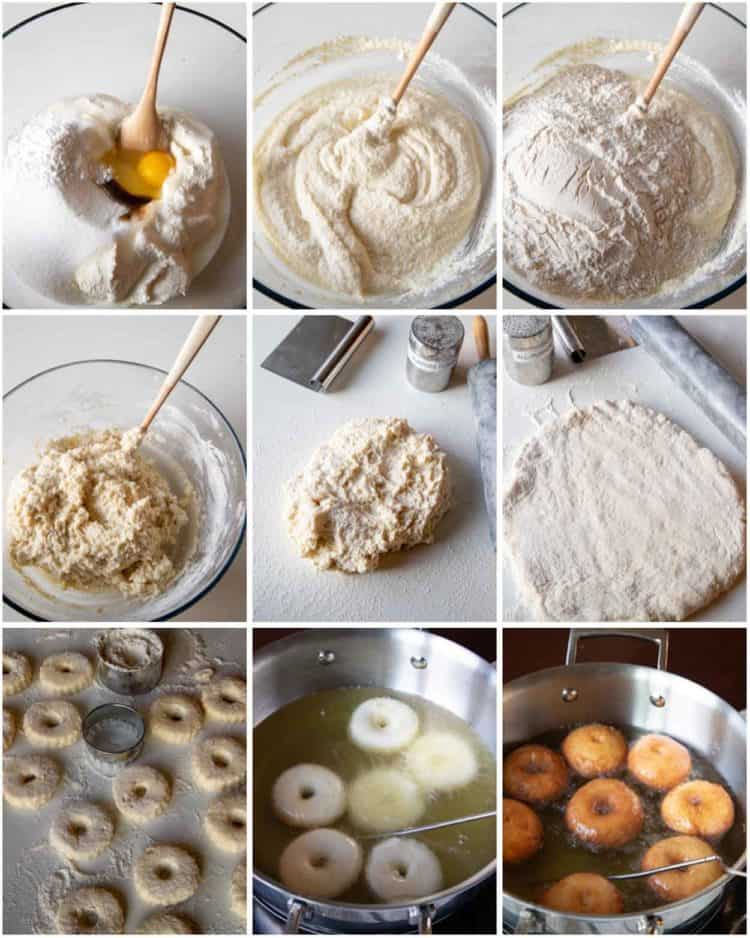 Step by step collage on how to make donut batter and fry the donuts. 