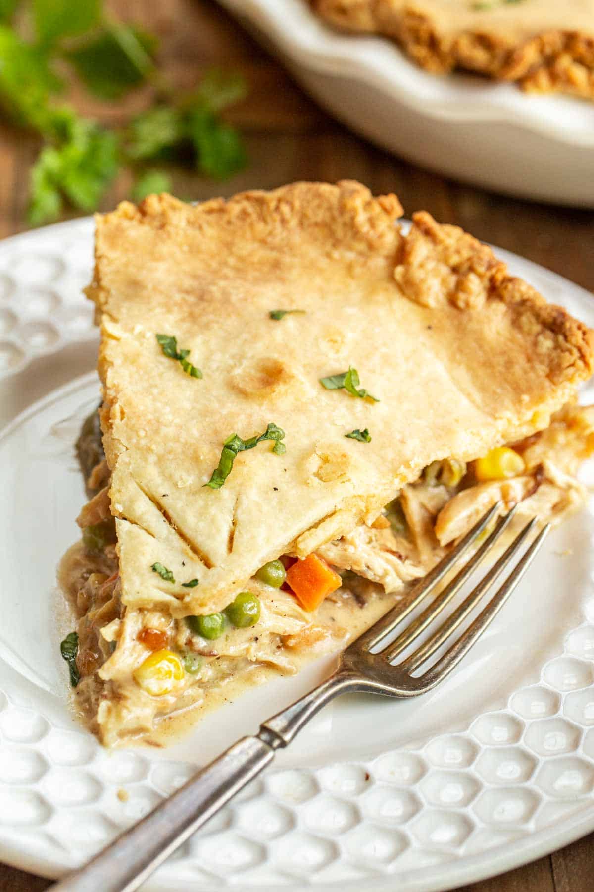 A slice of chicken pot pie on a plate with a fork.  