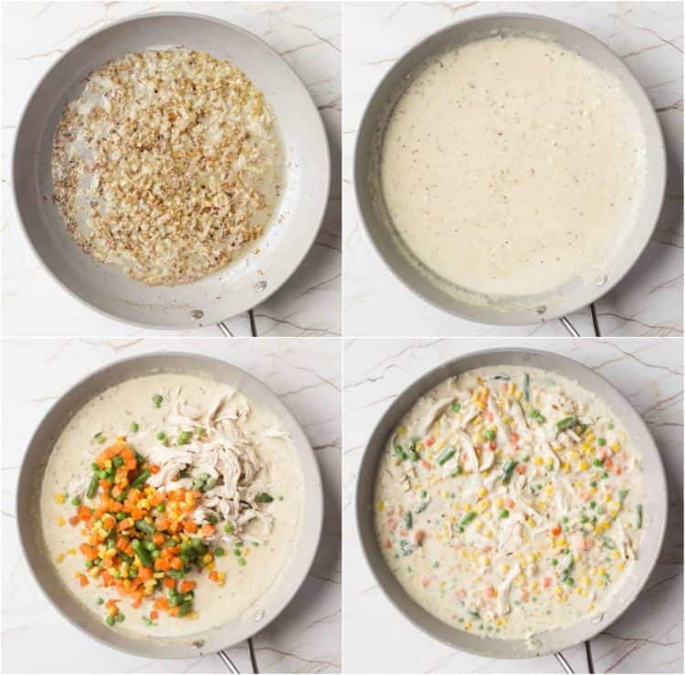Step by step collage on how to make homemade chicken pot pie recipe. 