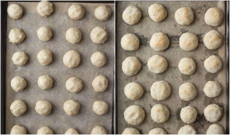 Step by step collage on how to roll out snowball cookies and bake the cookies.