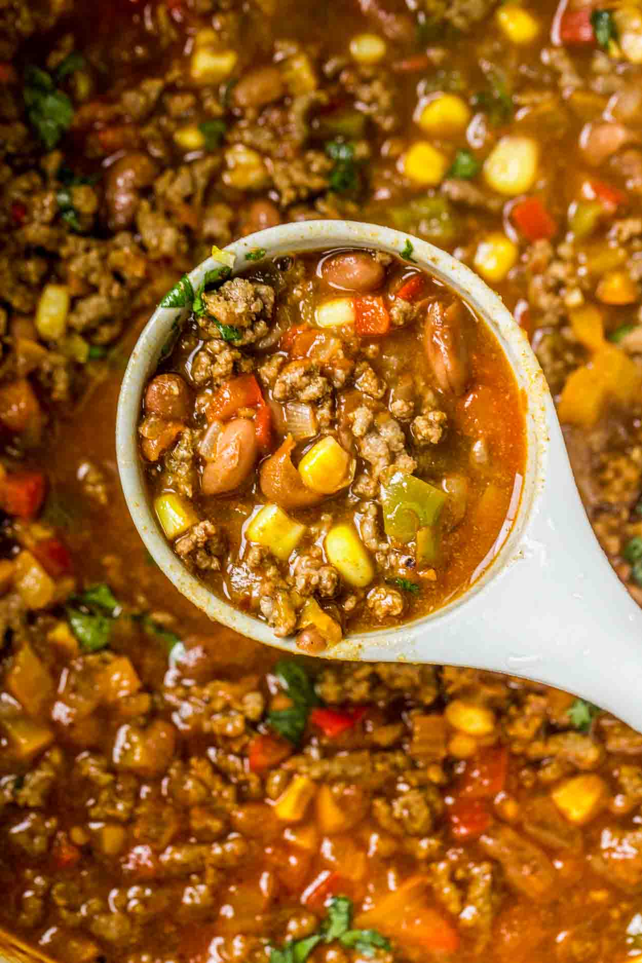 Taco soup in a Dutch oven with a ladle full of soup.