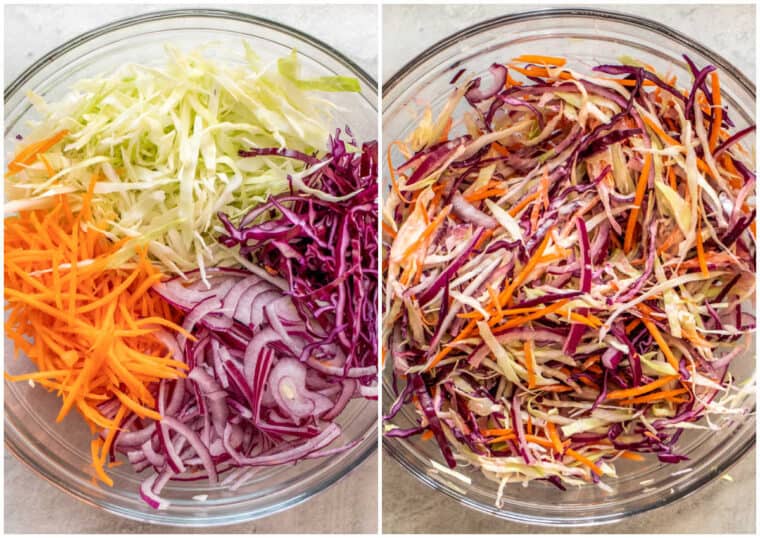 Step by step collage of how to make homemade cabbage slaw for the best fish tacos. 