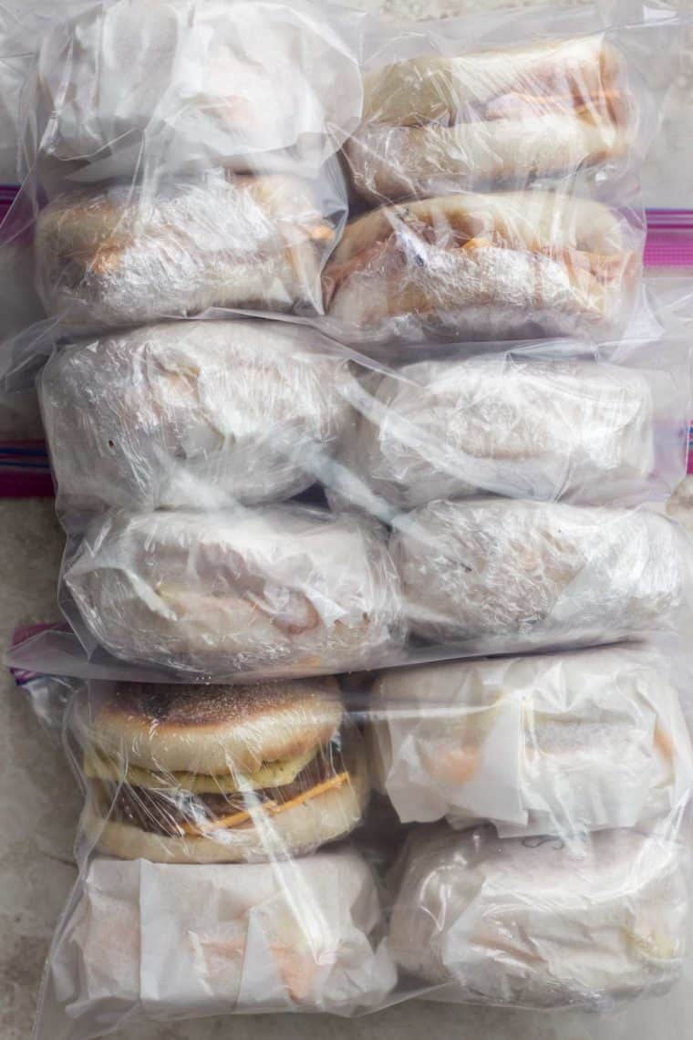 Breakfast sandwiches packaged in a bag ready to freeze. 