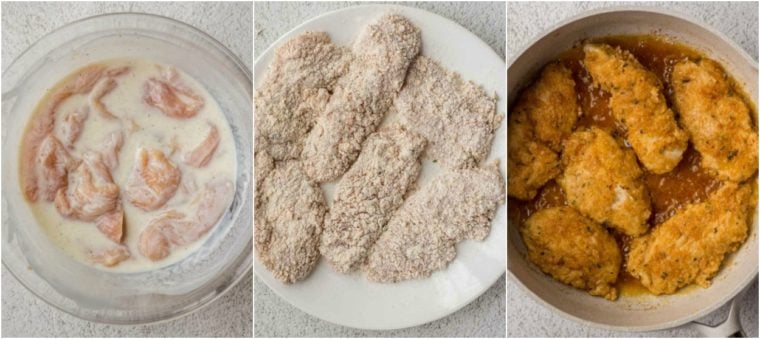 Step-by-step instructions on how to marinade and fry the chicken tenders. 