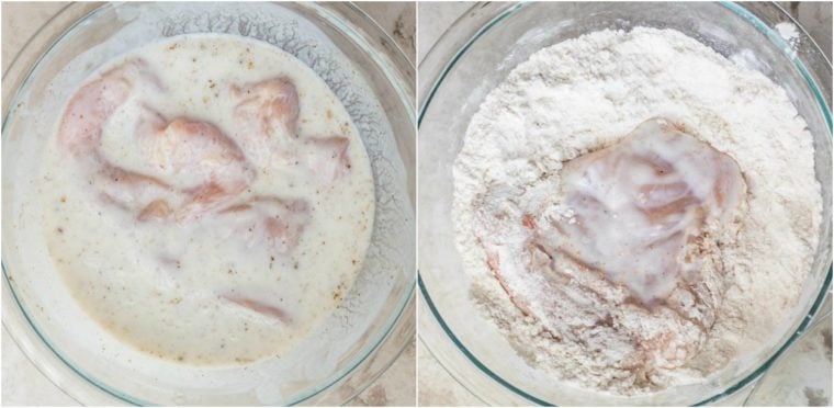 Collage how to marinade chicken for sandwiches and dredge in flour mixture.