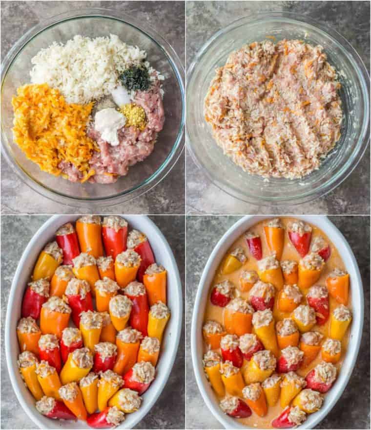 Collage of images how to make these mini stuffed bell peppers with a hearty rice and ground meat filling. 