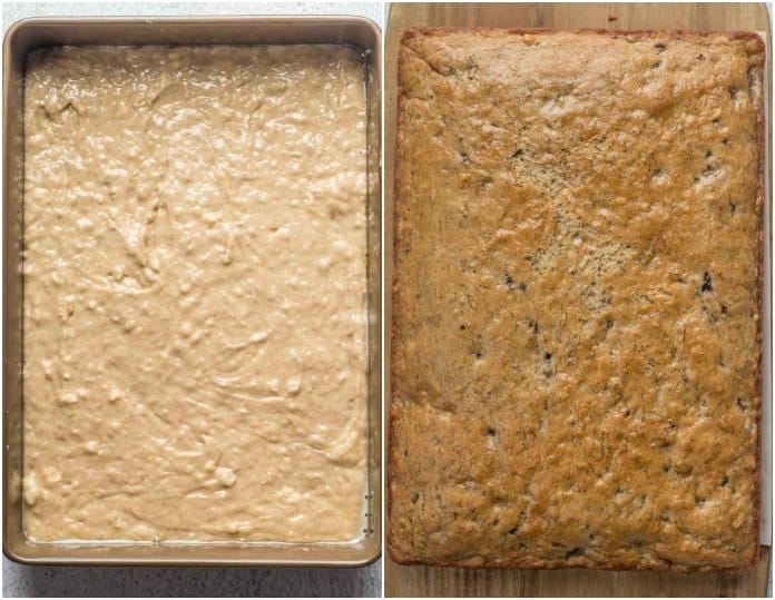 Step by step collage on how to bake the banana coffee cake in a baking sheet.