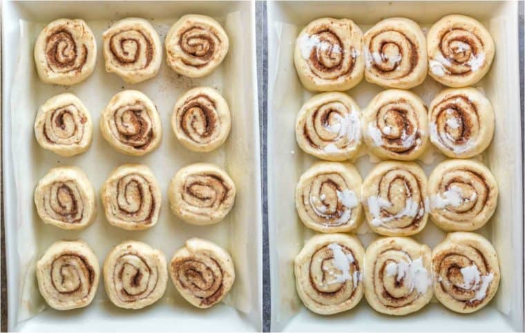 Step by step collage on cinnamon rolls in the baking sheet rising.