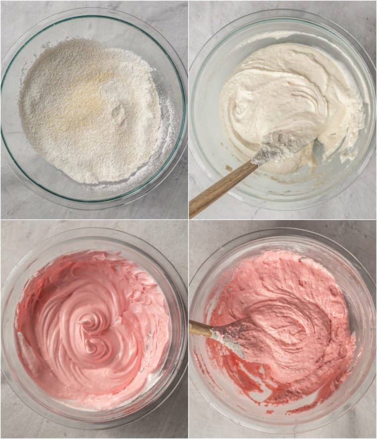 Step by step collage on how to make the macaron batter in a bowl. 