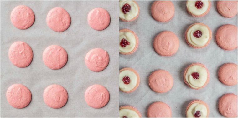 Step by step collage on how to pipe, bake and assemble the macarons on a white parchment paper. 
