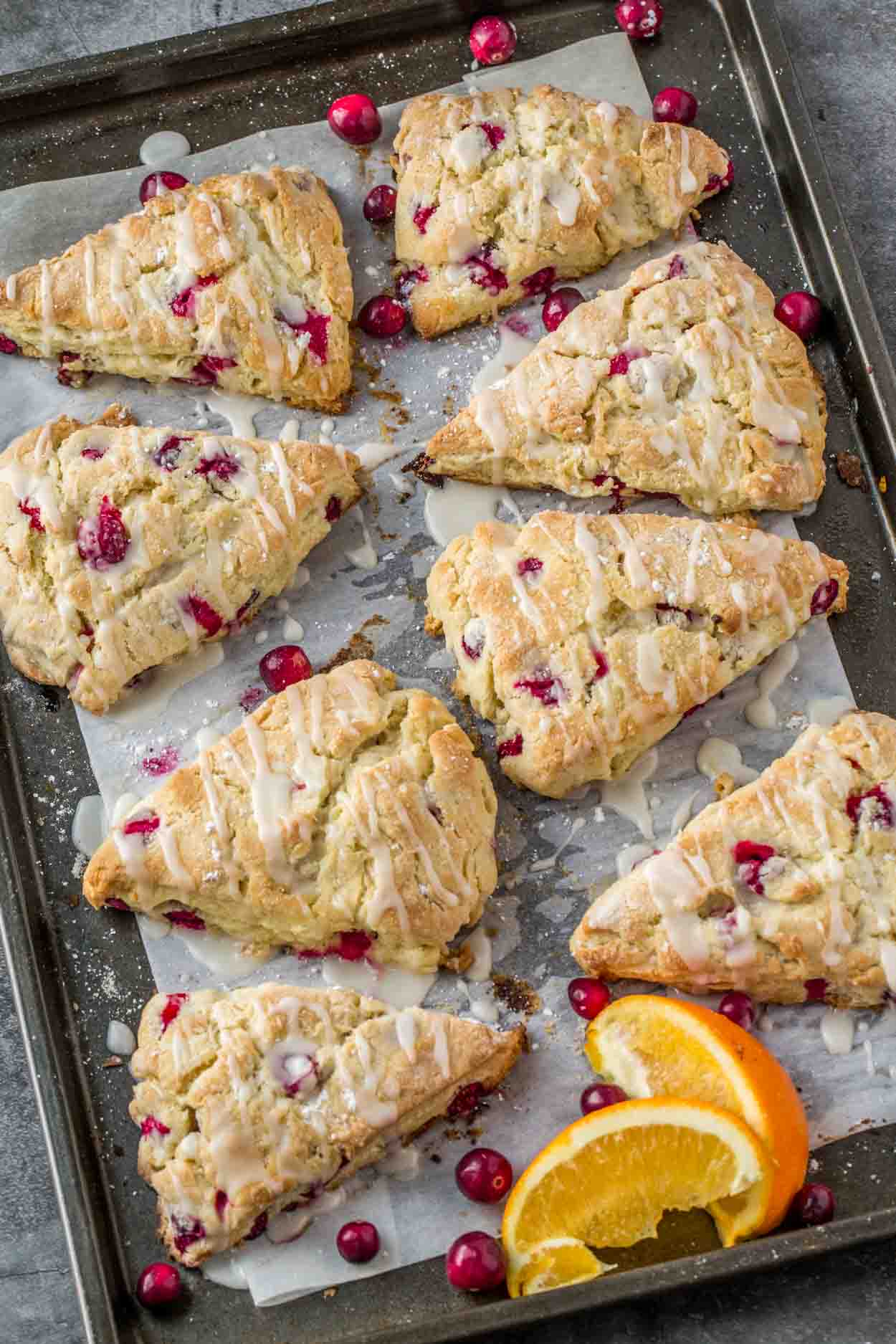 A baking sheet full of cranberry orange scones topped with a sugar glaze. 