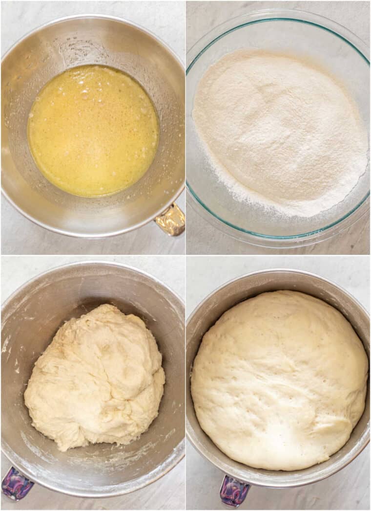 Step by step collage of how to make homemade pretzel dough. 
