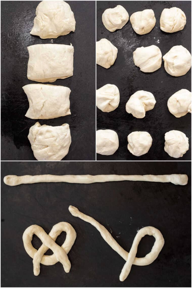 Step by step collage of how to shape and make homemade soft pretzels. 