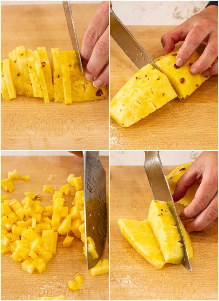 Step by step tutorial on how to cut up a fresh pineapple into four different cuts. 