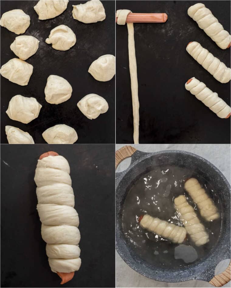 Step by step collage of how to assemble these homemade soft and chewy pretzel dogs. 