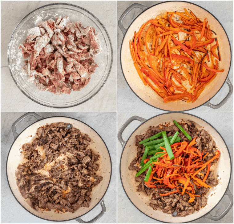 Step by step collage of how to make homemade Mongolian beef. 