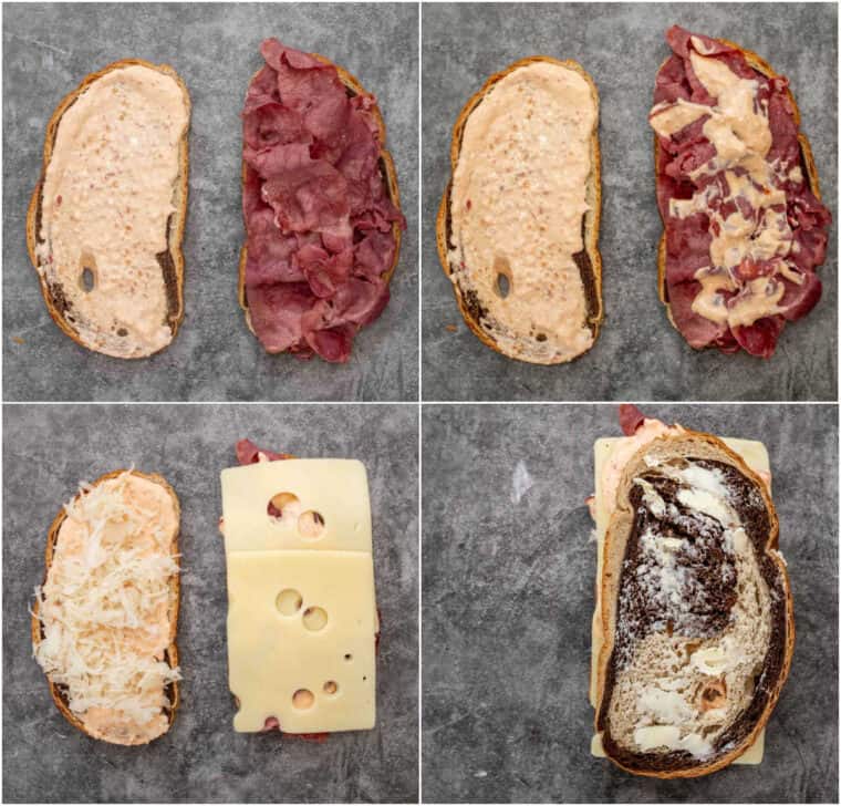 Step by step collage of how to make a Reuben sandwich. 
