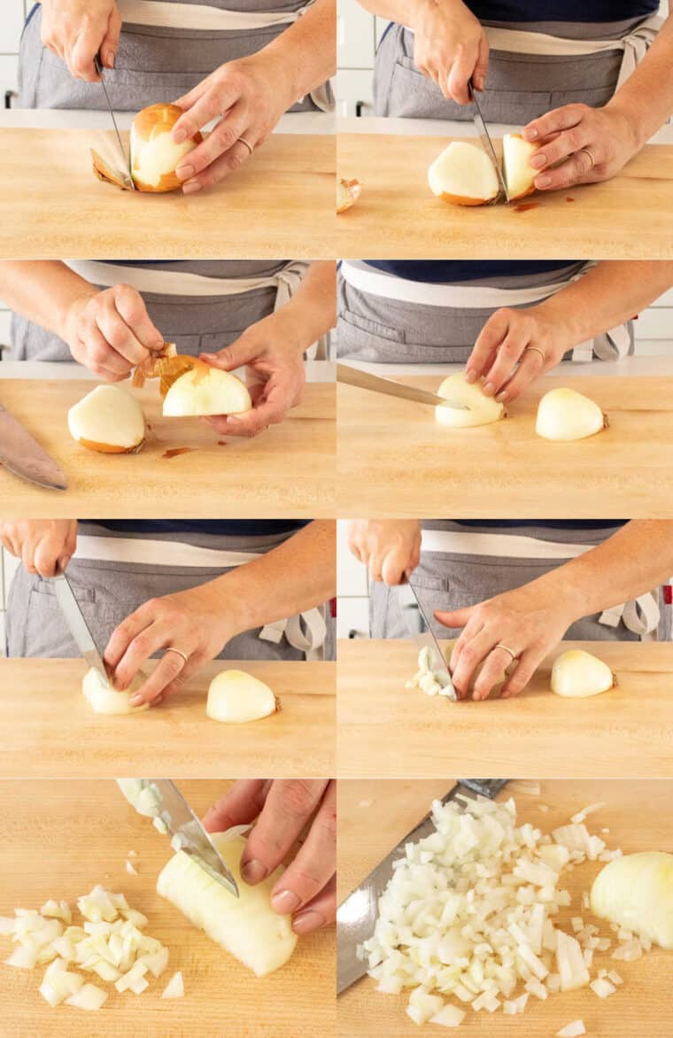 Step by step collage of how to cut an onion into diced pieces. 