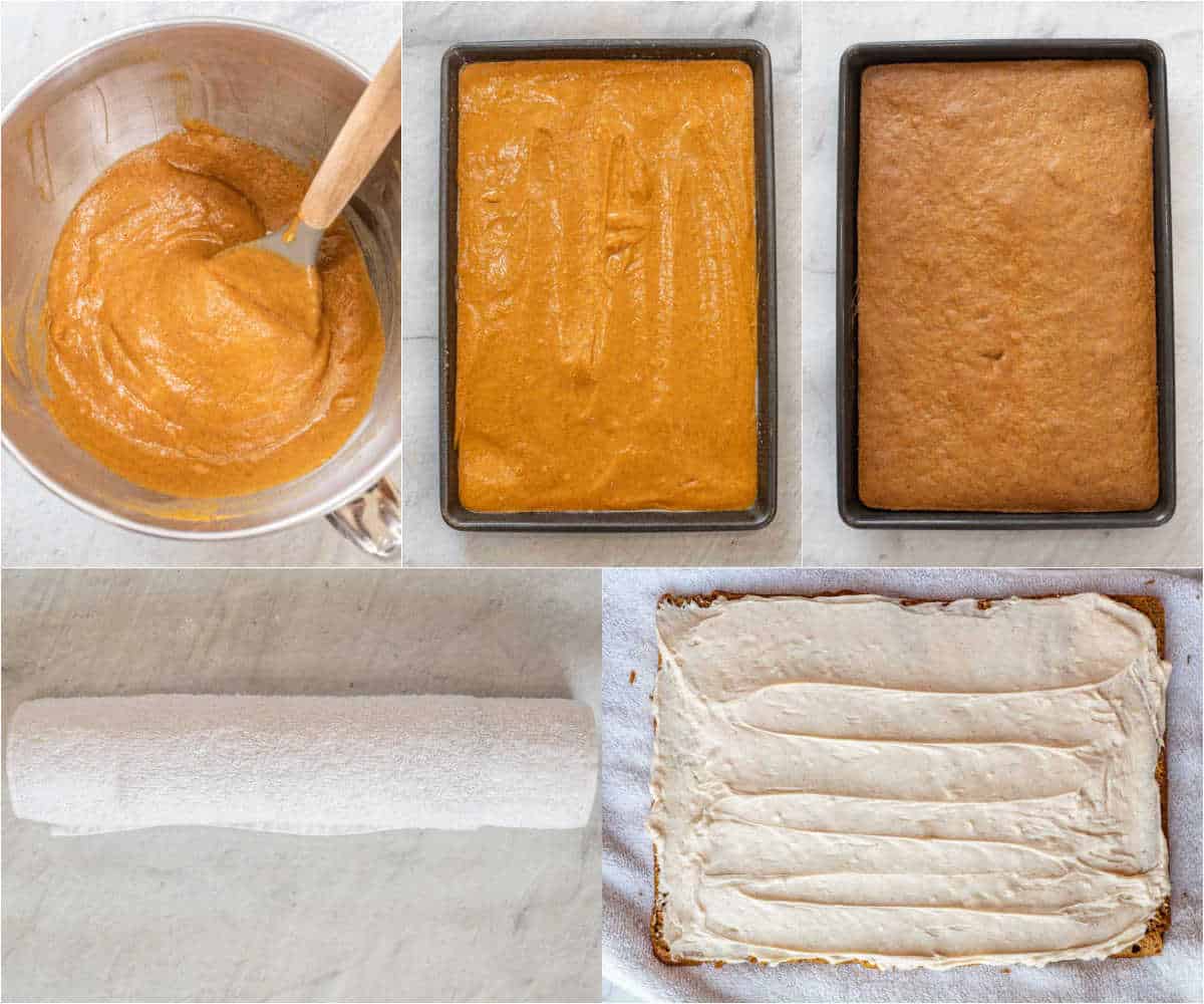 Step by step collage of how to make homemade pumpkin roll.