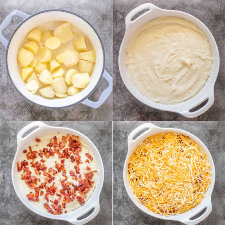 Step by step collage of how to make homemade mashed potato casserole. 
