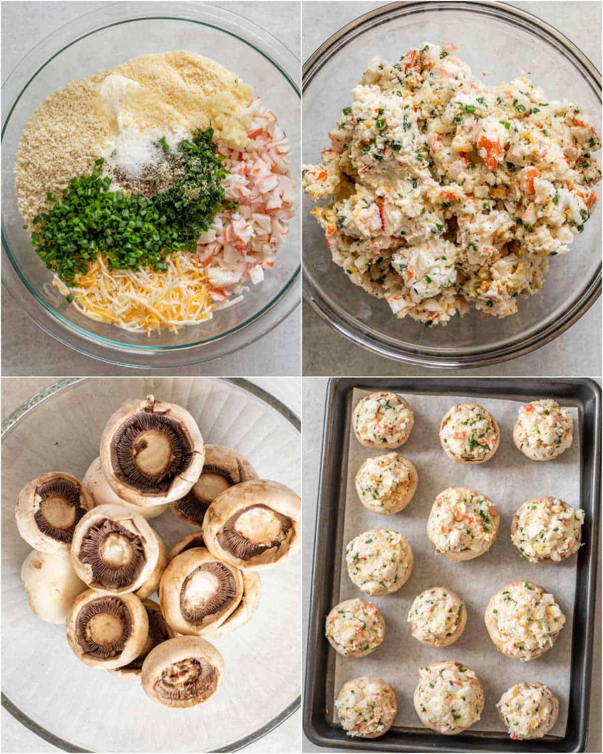 Step by step collage of how to make homemade crab stuffed mushrooms. 
