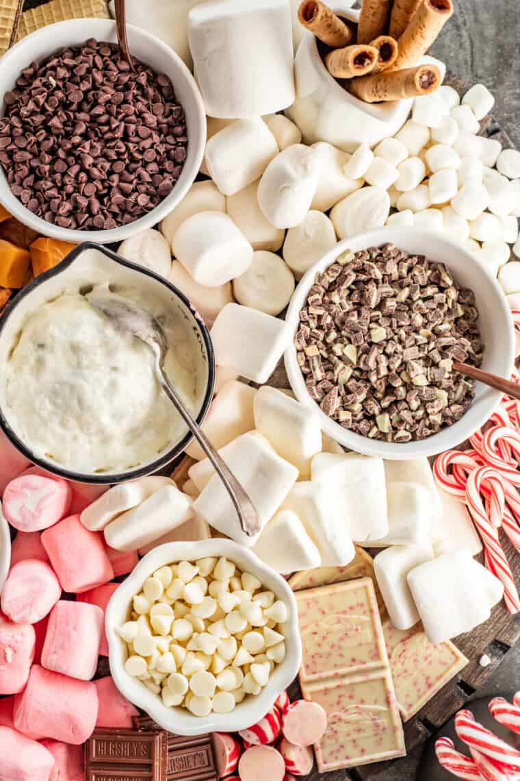 Upclose picture of the hot cocoa bar toppings. 
