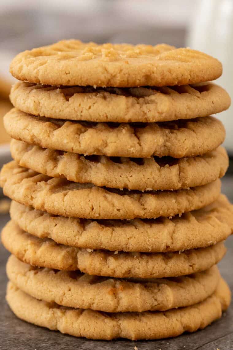 Easy peanut butter cookies stacked on top of each other. 
