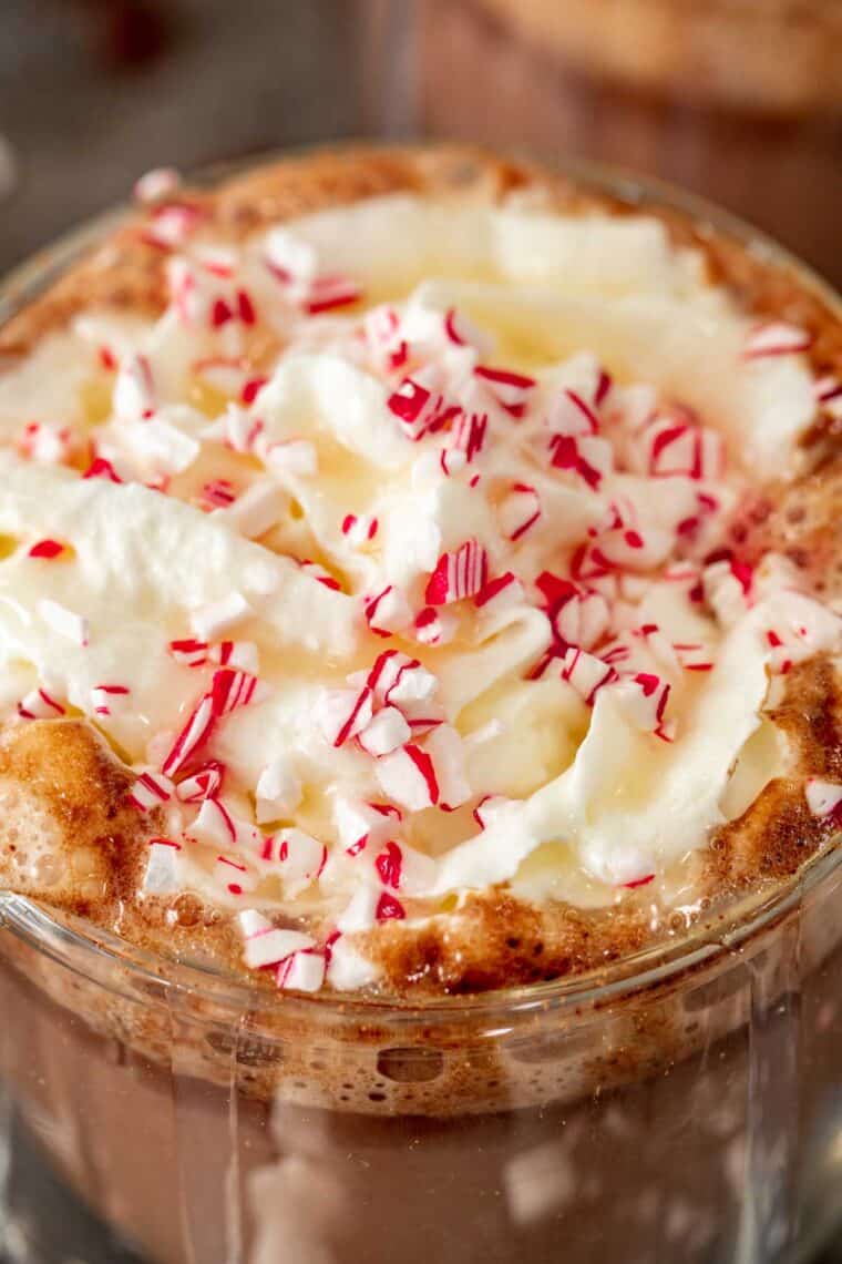 An up close picture of hot cocoa with whipped cream and crushed peppermint. 