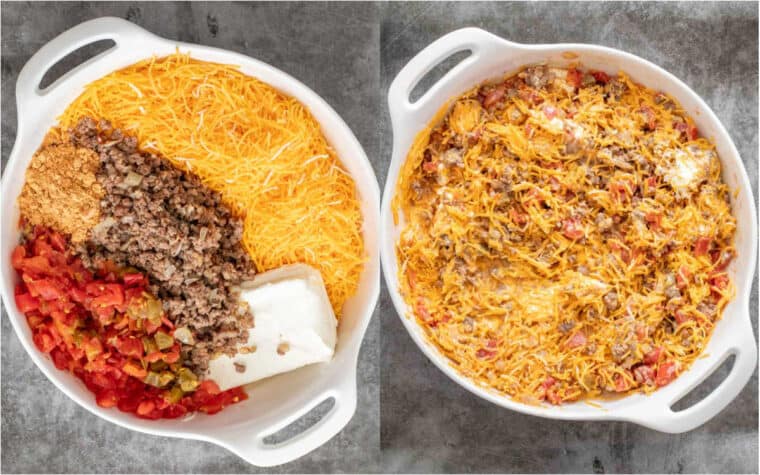 Step by step collage of how to make cheesy Rotel dip. 
