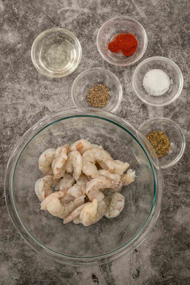 All the ingredients needed for air fryer shrimp in bowls. 