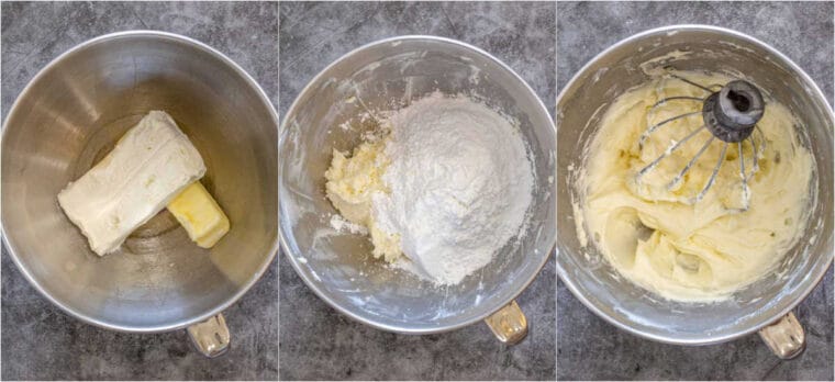 Step by step collage of how to make homemade vanilla buttercream frosting.