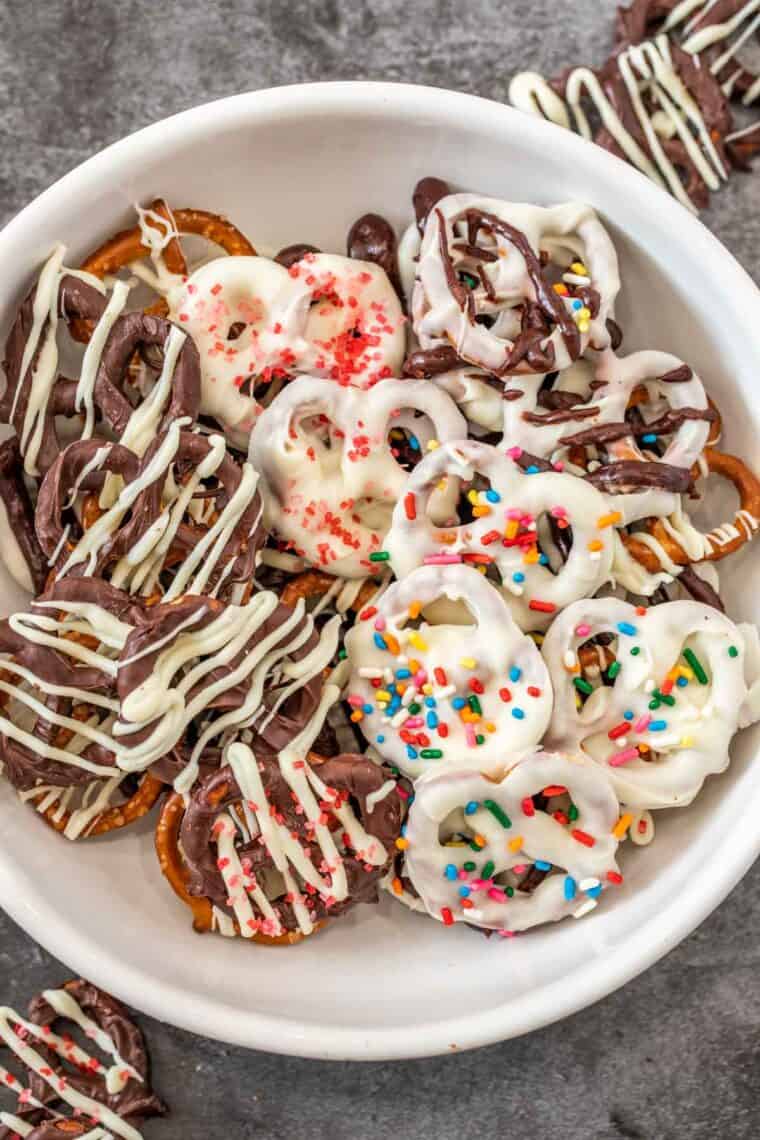 Chocolate Covered Pretzels in a white bowl. 