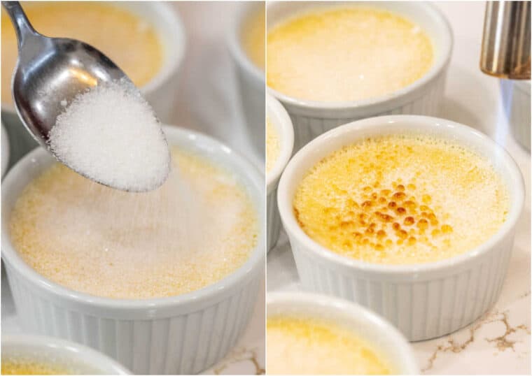 Step by step collage of how to top the creme brulee with sugar and how to caramelize. 