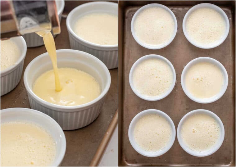 Step by step collage of how to pour the custard to ramekins. 