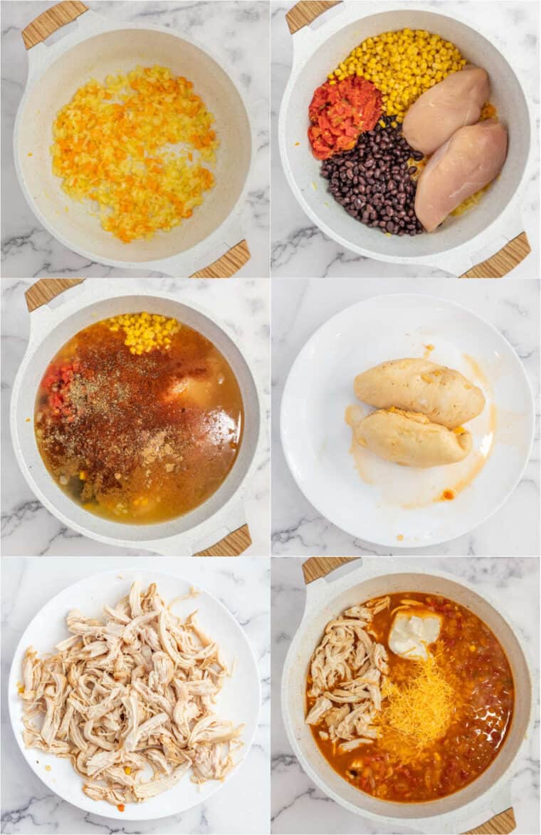 Step by step collage of how to make homemade enchilada soup. 