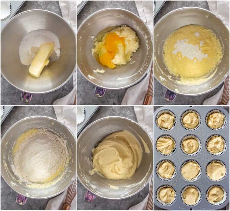 Step by step collage of how to make homemade vanilla cupcakes from scratch. 