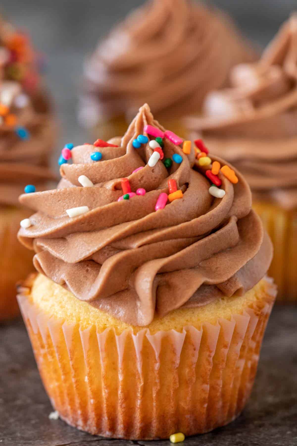 Vanilla cupcakes topped with a chocolate frosting and sprinkles. 