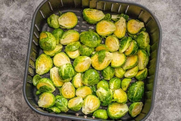 Raw brussel sprouts in the air fryer. 