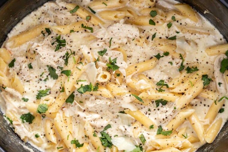 A black slow cooker loaded with creamy chicken alfredo pasta topped with parmesan cheese. 